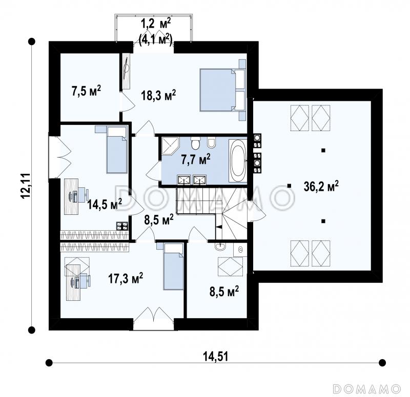 Проект загородного дома с подвалом, гаражом, террасой, кладовой на кухне, балконом / План мансардного этажа