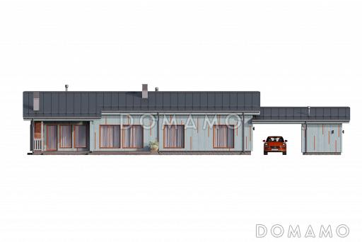 Проект каркасного дома с 3 спальнями, террасой и отдельным хозблоком / Фасад 1 Проект каркасного дома с 3 спальнями, террасой и отдельным хозблоком / Фасад 1