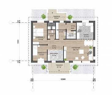 M-170 одноэтажный с мансардой дом  / План 1 этажа