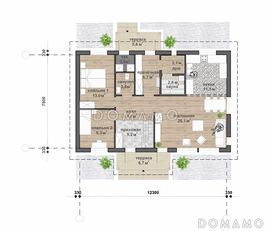 M-170 одноэтажный с мансардой дом  / План 1 этажа