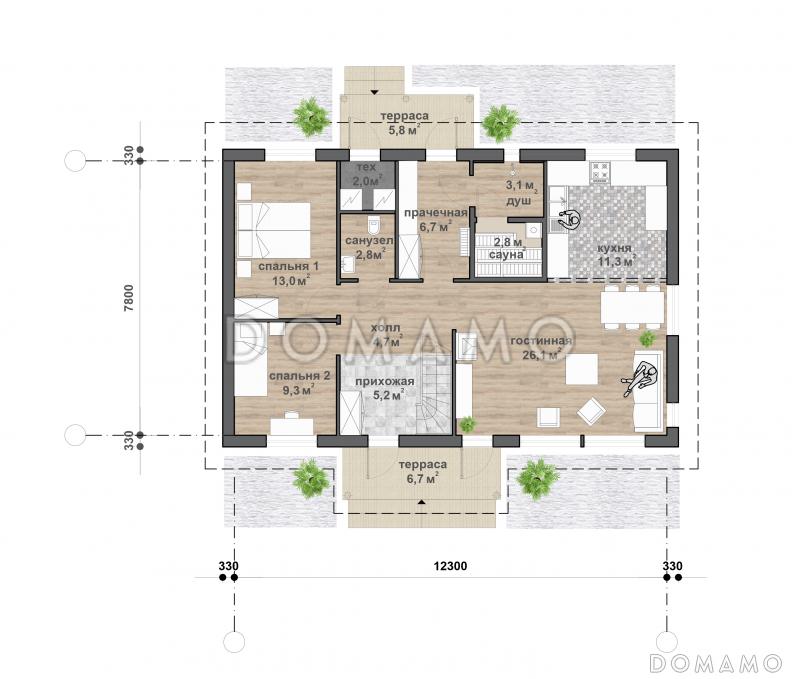 M-170 одноэтажный с мансардой дом  / План 1 этажа