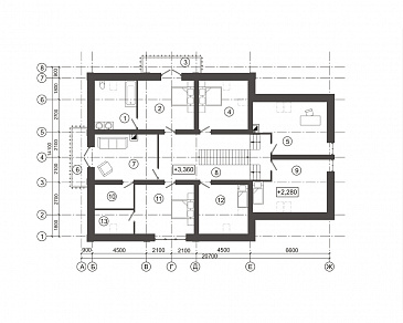 Проект загородного дома с лепниной на фасаде / План мансардного этажа Проект загородного дома с лепниной на фасаде / План мансардного этажа