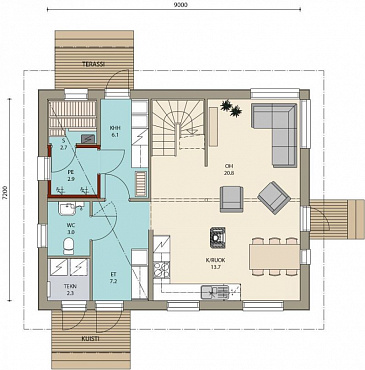 Проект двухэтажного каркасного дома 9х7 / План 1 этажа