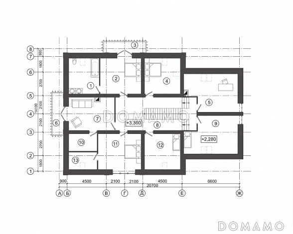Проект загородного дома с лепниной на фасаде / План мансардного этажа Проект загородного дома с лепниной на фасаде / План мансардного этажа