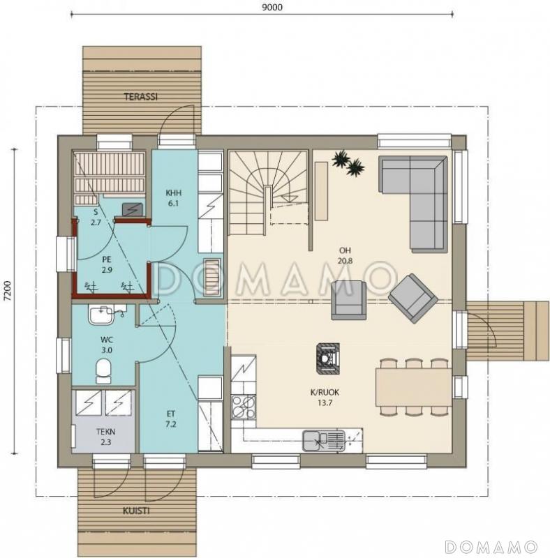 Проект двухэтажного каркасного дома 9х7 / План 1 этажа