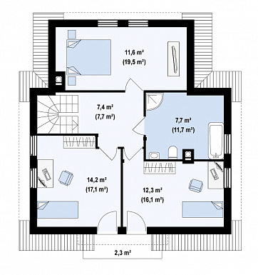 Проект одноэтажного мансардного дома из кирпича с балконом над входом / План мансардного этажа Проект одноэтажного мансардного дома из кирпича с балконом над входом / План мансардного этажа