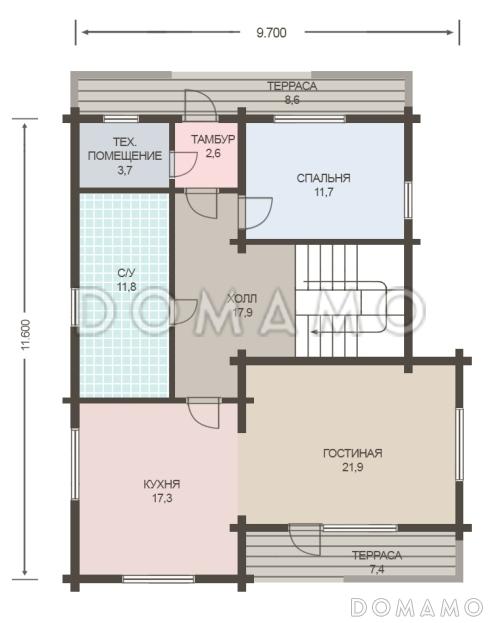 Проект дома из клееного бруса до 200 кв.м / План 1 этажа