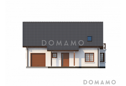 Проект одноэтажного мансардного дома из газобетона с эркером в столовой зоне и со встроенным гаражом / Фасад 2