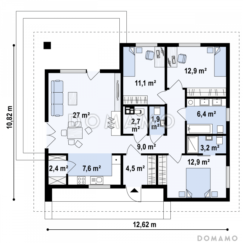 Проект небольшого функционального одноэтажного дома из кирпича с тремя спальнями / План 1 этажа