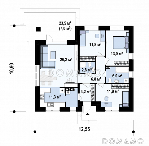 Проект загородного дома с террасой, двумя санузлами, кухней и гостиной без перегородки / План 1 этажа