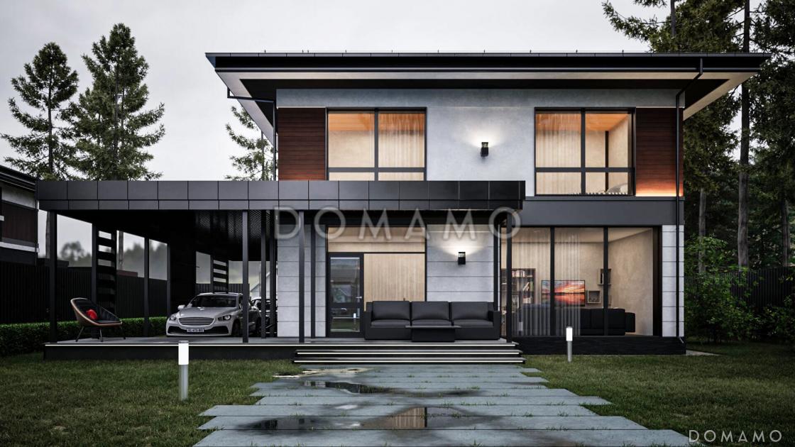 Проект двухэтажного дома с 3 спальнями, кабинетом и автонавесом / 1