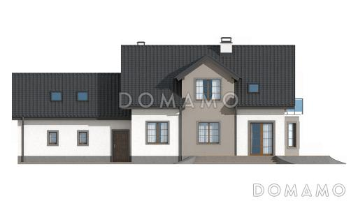 Проект одноэтажного мансардного дома из газобетона с кабинетом, эркером, балконом над ним и гаражом на два автомобиля / Фасад 3