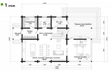 Проект двухэтажного дома из клееного бруса с панорамным остеклением в спальне / План 1 этажа Проект двухэтажного дома из клееного бруса с панорамным остеклением в спальне / План 1 этажа