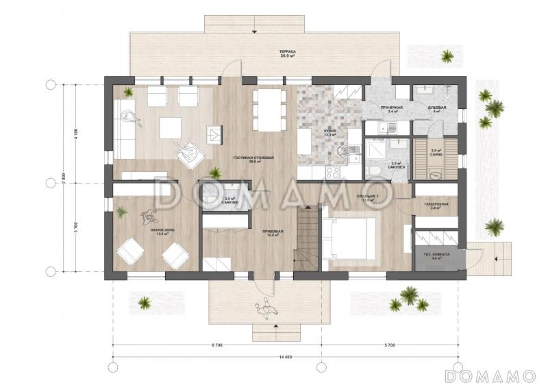 М-186 одноэтажный с мансардой / План 1 этажа