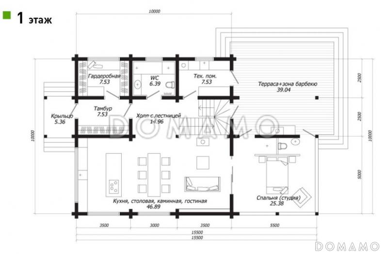 Проект двухэтажного дома из клееного бруса с панорамным остеклением в спальне / План 1 этажа Проект двухэтажного дома из клееного бруса с панорамным остеклением в спальне / План 1 этажа
