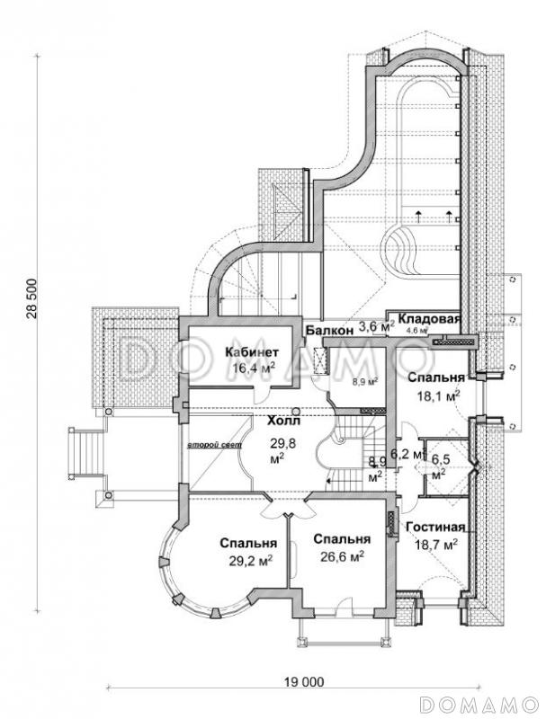 Проект коттеджа с бассейном, зимним садом и гаражом на 2 а/м,  / План 2 этажа
