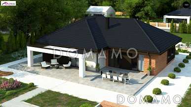 Проект одноэтажного просторного дома из газобетона с отрытой террасой и гаражом для двух автомобилей 