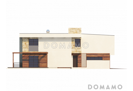 Проект современного двухэтажного дома из газобетона в стиле модерн с пятью спальнями, с гаражом, угловой террасой и балконом над ней / Фасад 2