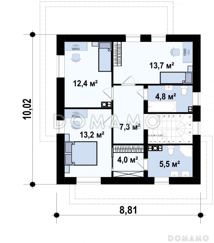 Проект двухэтажного дома со светлой гостиной, кладовой в кухне, спальней на первом этаже, мастер-спальней / План 2 этажа