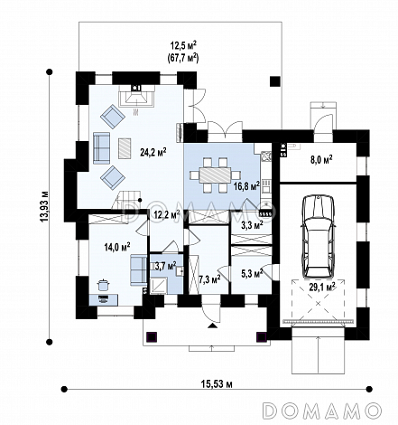 Проект двухэтажного дома с мастер-спальней с выходом на террасу, гостиной с камином, кладовой, гаражом для одной машины / План 1 этажа