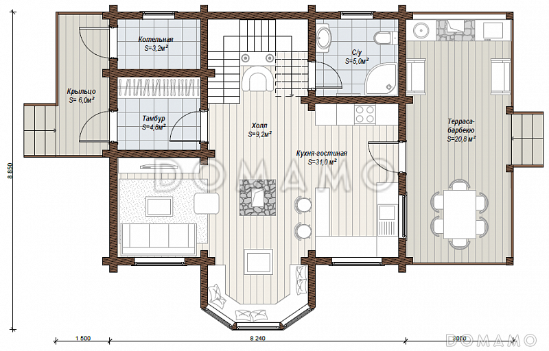 Проект двухэтажного коттеджа с эркером первого этажа, который переходит в балкон / План 1 этажа