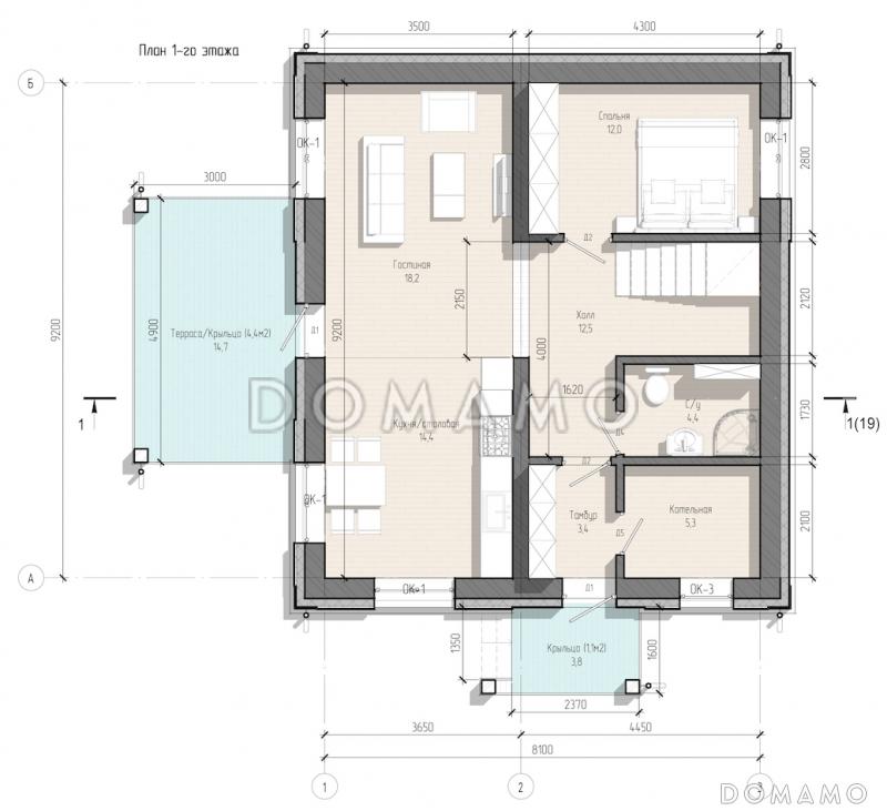 Проект двухэтажного дома с тремя спальнями, кабинетом, гостной-кухней-столовой и котельной / План 1 этажа Проект двухэтажного дома с тремя спальнями, кабинетом, гостной-кухней-столовой и котельной / План 1 этажа