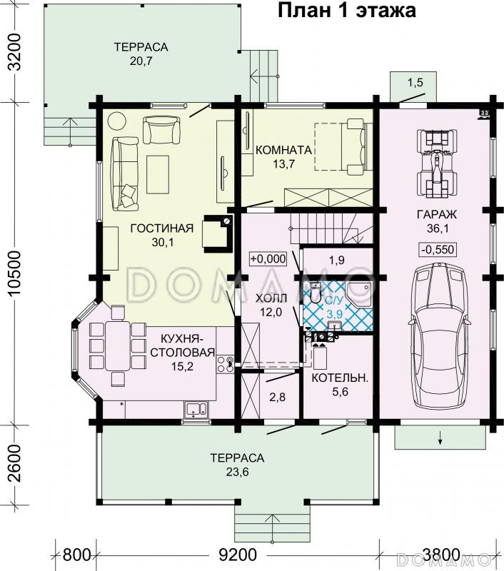 Проект двухэтажного деревянного дома с двумя террасами и гаражом на 1 автомобиль / План 1 этажа