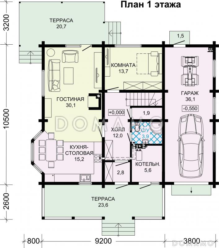 Проект двухэтажного деревянного дома с двумя террасами и гаражом на 1 автомобиль / План 1 этажа
