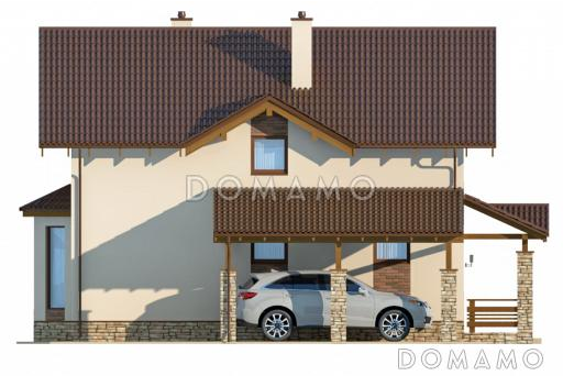 Проект вместительного коттеджа с каменными столбами крыльца и навеса / Фасад 4