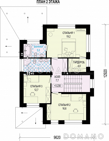 Проект 2-этажного газобетонного загородного дома с террасой / План 2 этажа