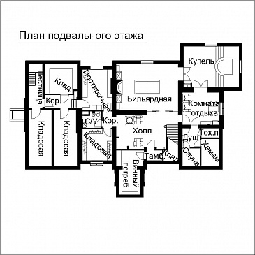 Проект двухэтажного дома с выступающими эркерами, балконами / План цокольного этажа Проект двухэтажного дома с выступающими эркерами, балконами / План цокольного этажа