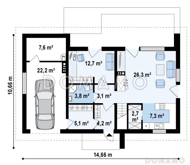 Проект одноэтажного дома с мансардным этажом из кирпича с четырьмя спальнями, кабинетом и и гаражом / План 1 этажа