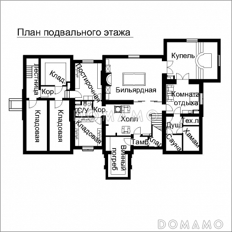 Проект двухэтажного дома с выступающими эркерами, балконами / План цокольного этажа Проект двухэтажного дома с выступающими эркерами, балконами / План цокольного этажа