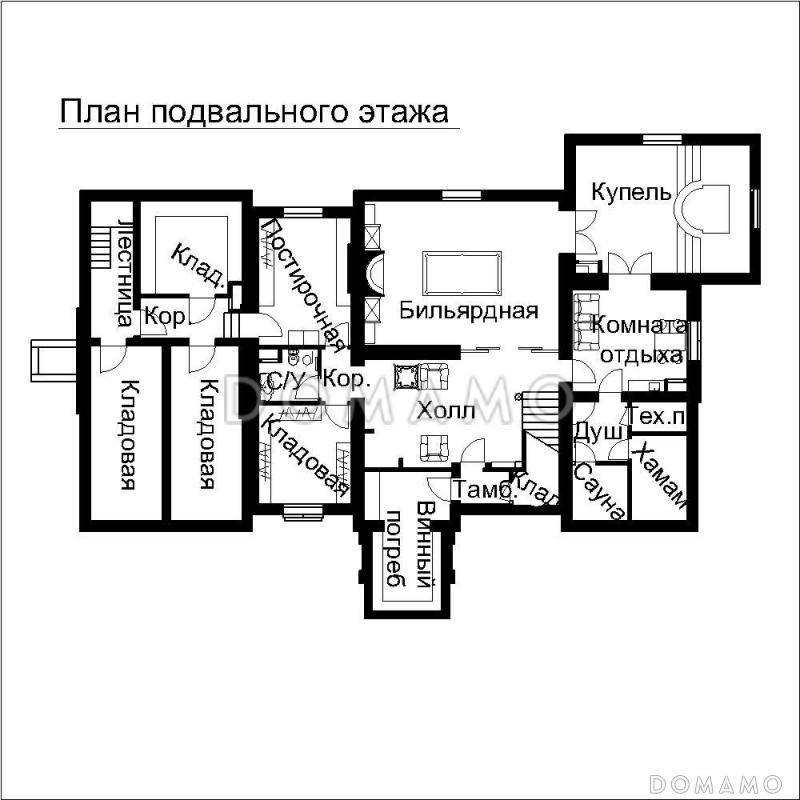 Проект двухэтажного дома с выступающими эркерами, балконами / План цокольного этажа