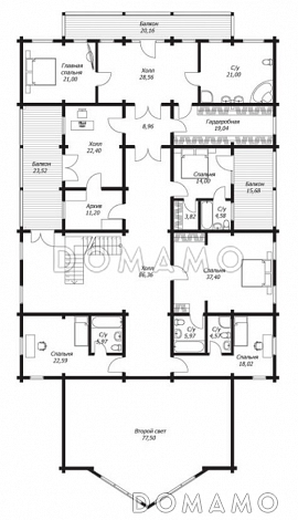 Проект дома из клееного бруса с террасой площадью более 470 м2 / План 2 этажа Проект дома из клееного бруса с террасой площадью более 470 м2 / План 2 этажа