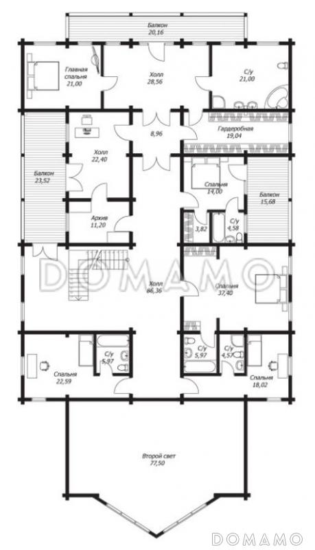 Проект дома из клееного бруса с террасой площадью более 470 м2 / План 2 этажа Проект дома из клееного бруса с террасой площадью более 470 м2 / План 2 этажа