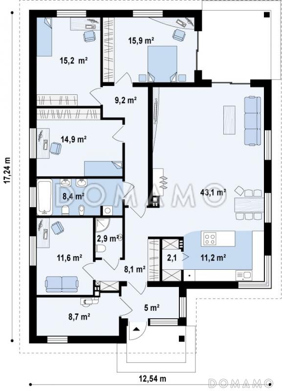 Проект просторного одноэтажного дома из кирпича с кабинетом и тремя спальнями и крытой угловой террасой / План 1 этажа