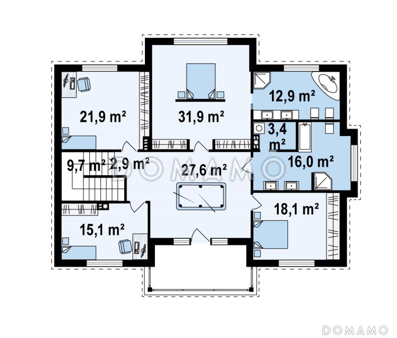 Проект большого двухэтажного дома из газобетона с четырьмя спальнями, сауной и просторной дневной зоной / План 2 этажа