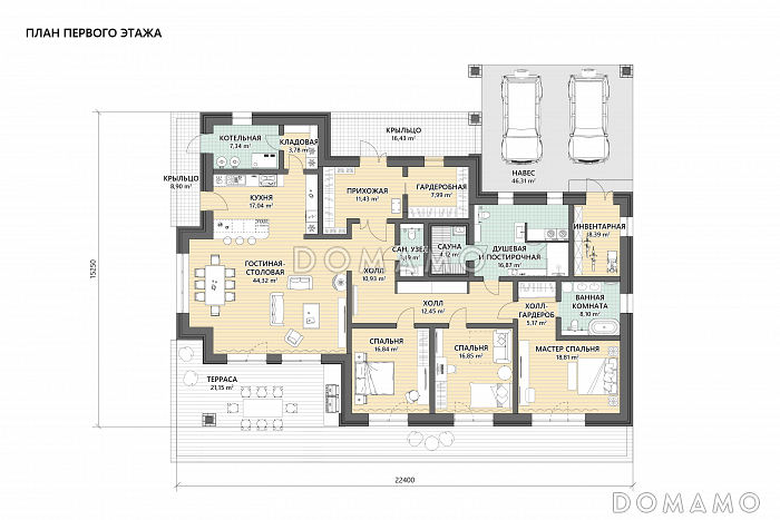 Проект кирпичного дома с 3 спальнями, сауной, угловой террасой, местами для хранения и навесом для двух машин / План 1 этажа