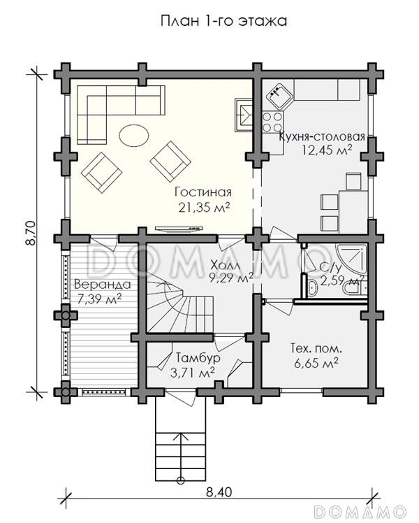 Проект дома с широким и удобным холлом на втором этаже / План 1 этажа