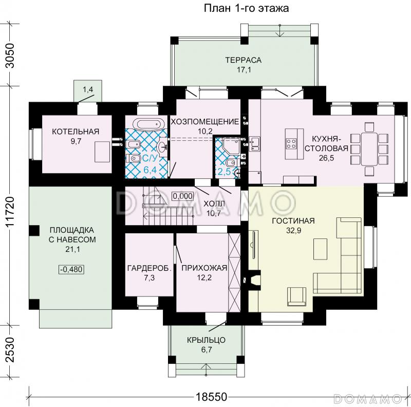 Проект кирпичного дома с площадкой для машины / План 1 этажа