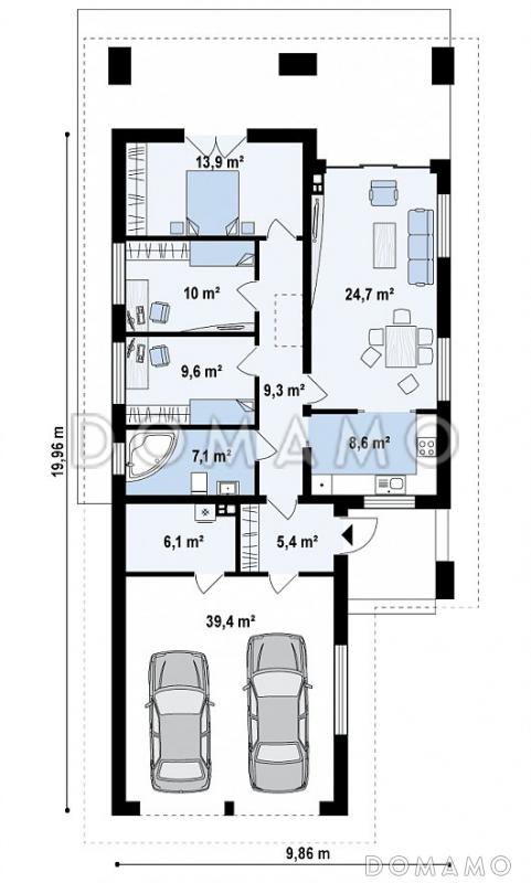 Проект одноэтажного дома из газобетона с тремя спальнями, гаражом на два автомобиля и уютной крытой террасой / План 1 этажа