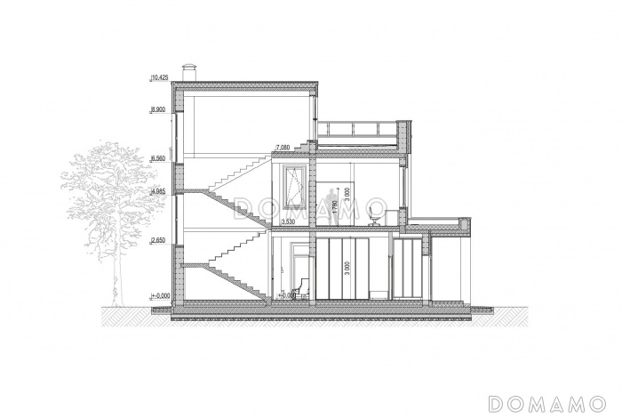 Проект дома в современном стиле с террасой, спортзалом, кухней-столовой с кладовой