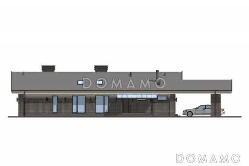 Проект кирпичного одноэтажного дома с 3 комнатами, сауной и навесом для автомобилей / Фасад 2 Проект кирпичного одноэтажного дома с 3 комнатами, сауной и навесом для автомобилей / Фасад 2