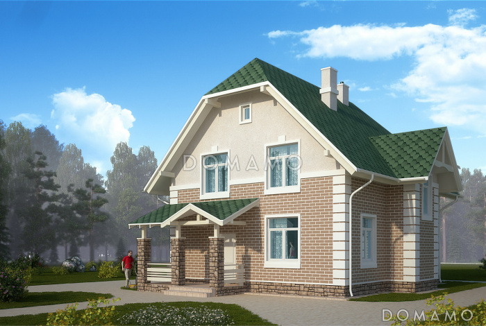 Проект уютного компактного коттеджа с зеленой крышей и панорамным эркером гостиной Проект уютного компактного коттеджа с зеленой крышей и панорамным эркером гостиной