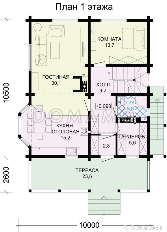Проект дома из бруса с сауной и просторной комнатой отдыха на цокольном этаже / План 1 этажа