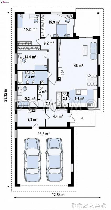 Проект просторного одноэтажного дома из кирпича с четырьмя комнатами, крытой угловой террасой и гаражом / План 1 этажа