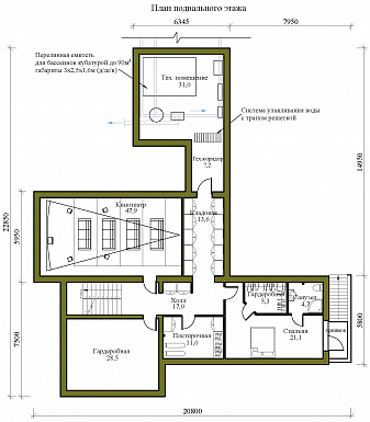 Проект крупномасштабного двухэтажного дома в стиле хай-тек с подвалом и бассейном / План цокольного этажа Проект крупномасштабного двухэтажного дома в стиле хай-тек с подвалом и бассейном / План цокольного этажа