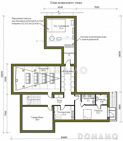 Проект крупномасштабного двухэтажного дома в стиле хай-тек с подвалом и бассейном / План цокольного этажа Проект крупномасштабного двухэтажного дома в стиле хай-тек с подвалом и бассейном / План цокольного этажа