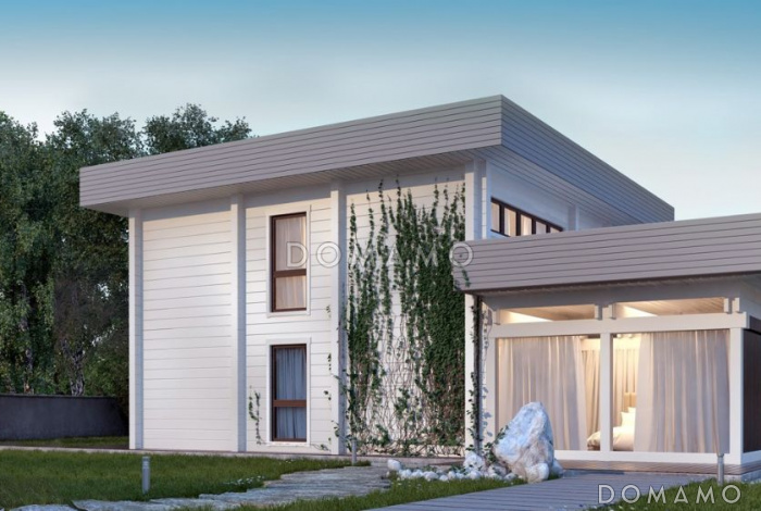 Проект двухэтажного дома из клееного бруса с панорамным остеклением в спальне Проект двухэтажного дома из клееного бруса с панорамным остеклением в спальне